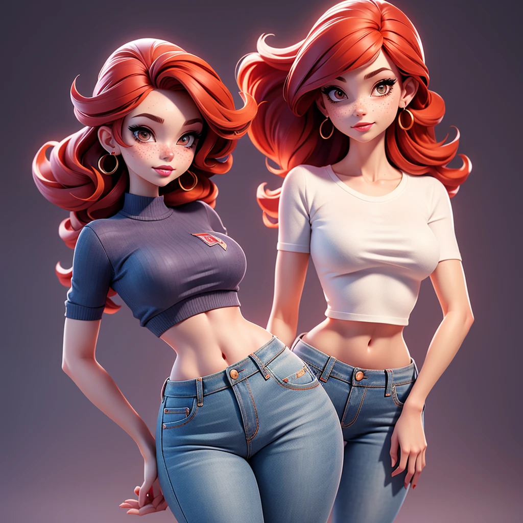 A sexy cartonn woman in beautiful jeans and white crop top posing gracefully for a photo, beauty in jeans, red hair, Waist slender, freckles, sexy girl, mulher de corpo inteiro, wearing jeans, beautiful seductive woman, slender figure, cartoon vector style, corpo pin-up, Broad Hips