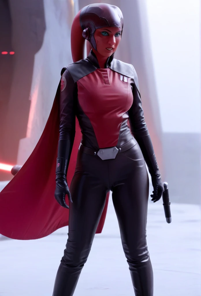 score_9, score_8_up, score_7_up, score_6_up, 2d, rating_questionable, rating_safe, BREAK ((green skin)) Female Twi'lek (((hera syndulla ))), helmet with red visor, star wars, armor,black gloves,tight bodysuit,black cape,black pants, close up, solo, standing, front view, medium breasts, wide hips, holding lightsaber, double edged, action pose, red blade, indoors, sith base, science fiction,
