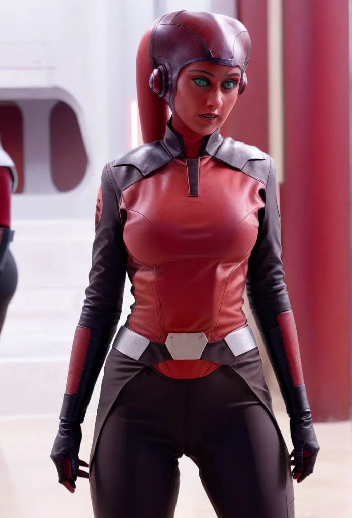 score_9, score_8_up, score_7_up, score_6_up, 2d, rating_questionable, rating_safe, BREAK ((green skin)) Female Twi'lek (((hera syndulla ))), helmet with red visor, star wars, armor,black gloves,tight bodysuit,black cape,black pants, close up, solo, standing, front view, medium breasts, wide hips, holding lightsaber, double edged, action pose, red blade, indoors, sith base, science fiction,
