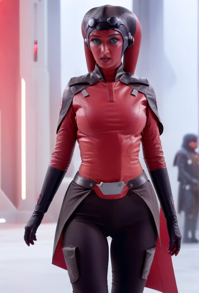 score_9, score_8_up, score_7_up, score_6_up, 2d, rating_questionable, rating_safe, BREAK ((green skin)) Female Twi'lek (((hera syndulla ))), helmet with red visor, star wars, armor,black gloves,tight bodysuit,black cape,black pants, close up, solo, standing, front view, medium breasts, wide hips, holding lightsaber, double edged, action pose, red blade, indoors, sith base, science fiction,