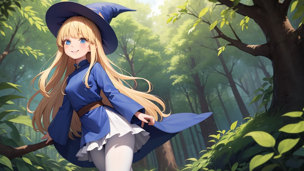 Perfect Biology、masterpiece, taller than,Very detailed, Absurd, witch, 8-year-old, girl,  alone, Blonde, Long Hair,  blue eyes, Blue Boots, Long sleeve,Have,in the forest, smile,White Pantyhose