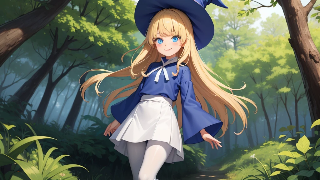 Perfect Biology、masterpiece, taller than,Very detailed, Absurd, witch, 8-year-old, girl,  alone, Blonde, Long Hair,  blue eyes, Blue Boots, Long sleeve,Have,in the forest, smile,White Pantyhose