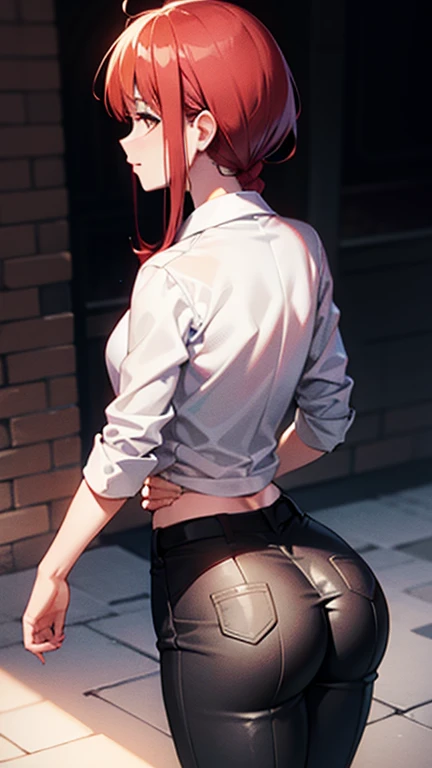Girl with red hair and a white shirt and a black tie and black pants showing her ass to the camera