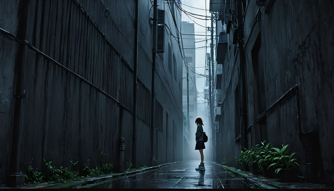 Ultra high definition. The sky is dark and full of dark clouds. It's foggy. An 18-year-old girl stands under an old cement electric pole in a dark wide alley. The light from the electric pole shines on the girl's head. The girl is standing with her back against the wall, with one foot forward and on her tiptoes. The girl is leaning against the wall looking down and there are trees in front of her. Her girl's hair blows in the wind. The girl is wearing a pleated skirt and bb sneakers. A close-up full body shot of the girl's profile. Her one foot is put forward. The girl's location is on the left third of the entire photo.