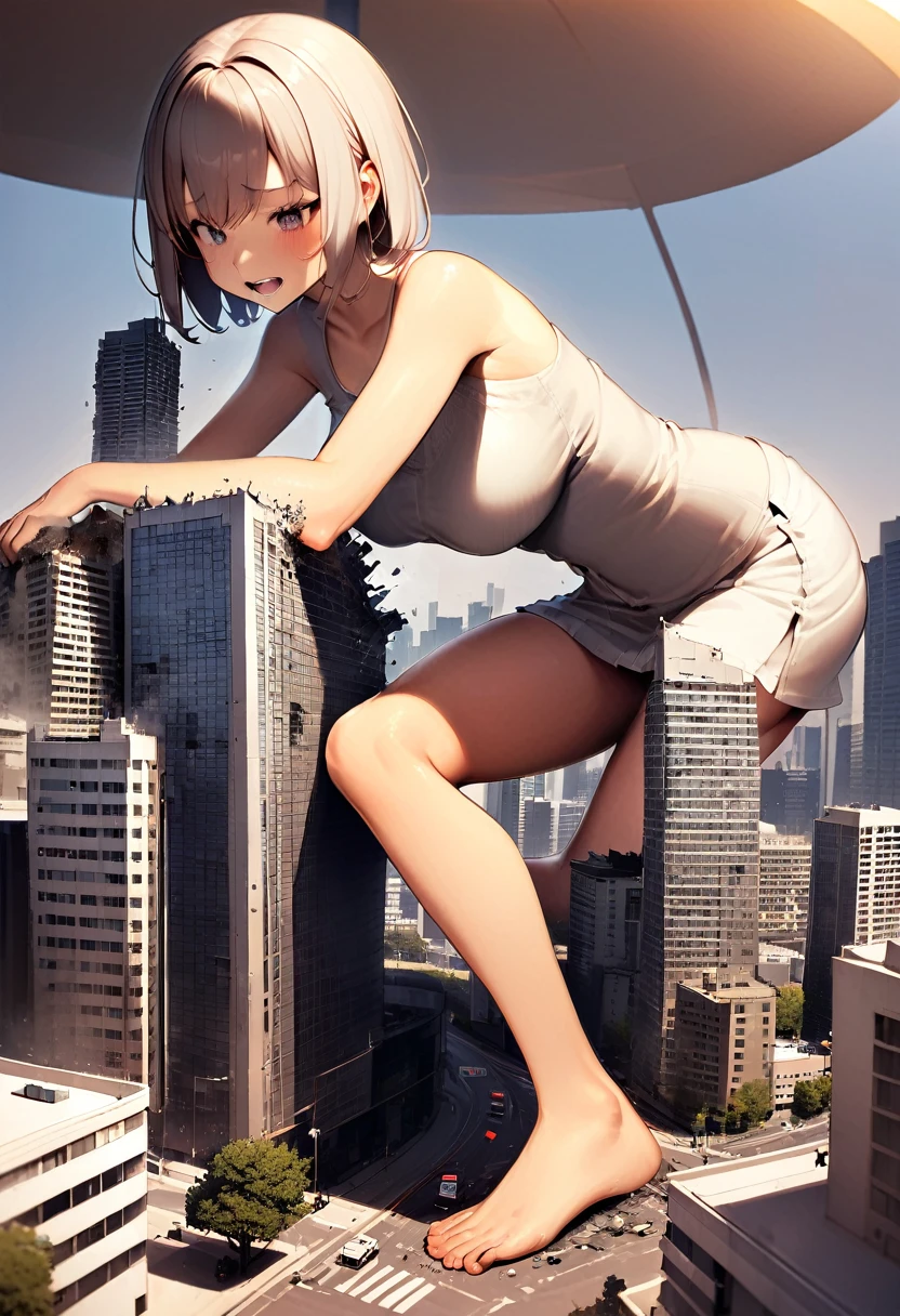 Huge，adolescent，by white，Short skirt，joke，A giant girl taller than a building., bare legs, bare feet, Barefoot，destroying the city，miniature city，On your knees in the city