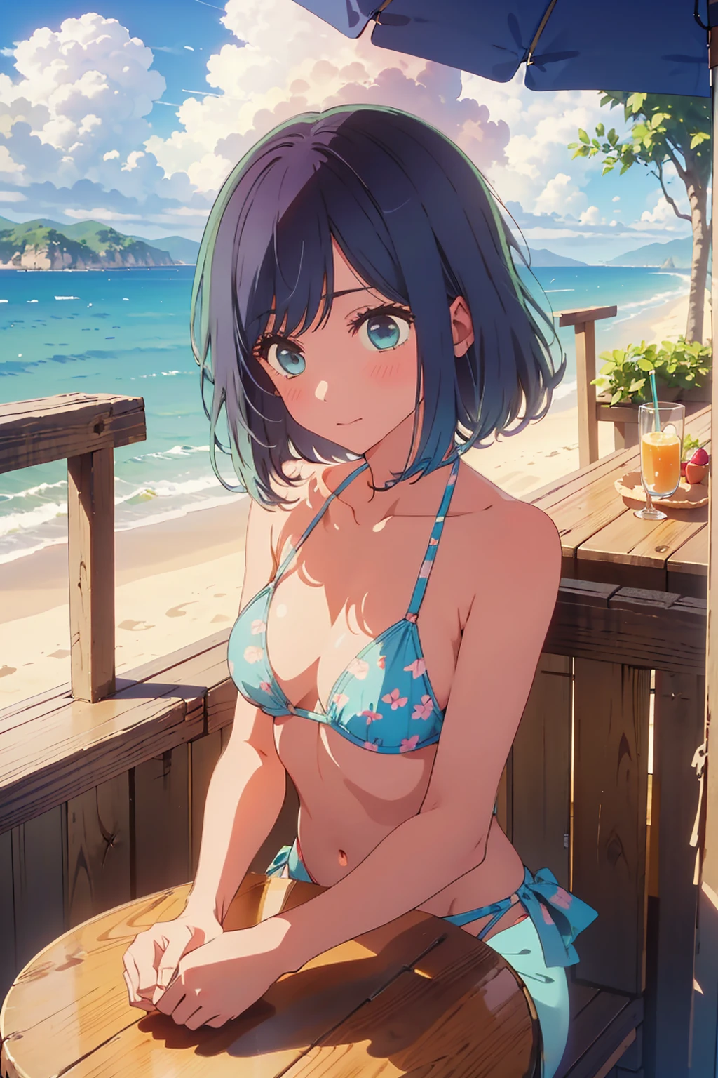 (Highest quality:1.4、masterpiece:1.4、Super detailed:1.4、8K:1.4)、((((1 person、Surprised expression、sit、Outdoor café terrace、coastal、juice、table、Sandy Beach、juiceのグラスを持つ、Big eyes、Very cute face))))、((((Plain Bikini、Shallow depth of field))))、F cup bust、Medium breast