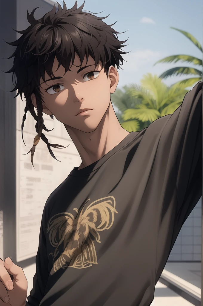 1boy, solo, blunt in hand, hawaiin shirt, (brown skin color), messy look, black hair, ((dreadlock hairstyle)), brown eyes, masterpiece, best quality, high quality, upper body, male focus,