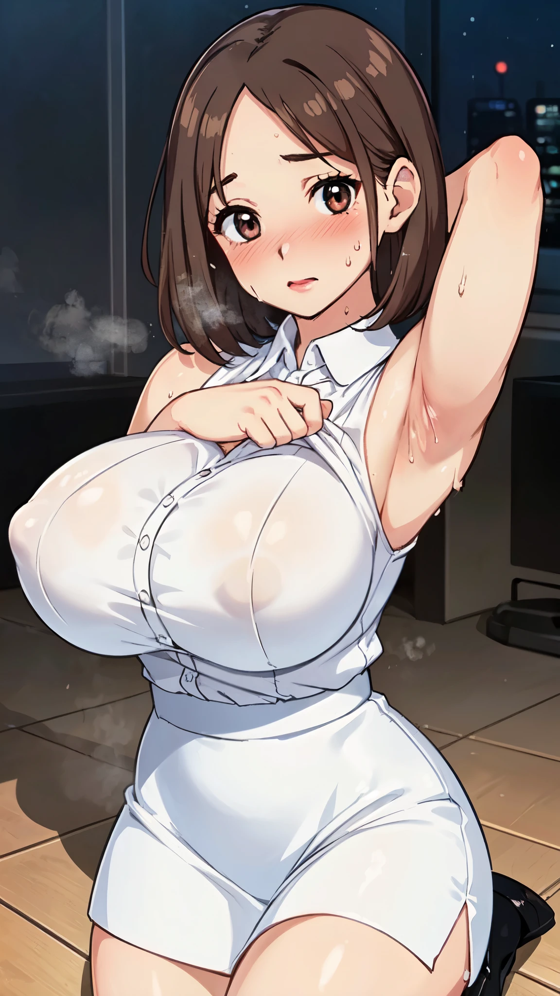 ((Tabletop, Highest quality, High resolution, Pixel Perfect, 4K, Browsing Caution)))、Office Lady、1 Girl, Beautiful woman、((Short Hair、Forehead、Split bangs、Brown Hair)), ((Brown eyes、Beautiful eyelashes, Realistic eyes)), ((Detailed face, blush:1.2)), ((Smooth texture:0.75, Realistic texture:0.65, Realistic:1.1, Anime CG Style))、((Huge breasts、Thick thighs)), Perfect body、Office room at night、Lying on the floor、((((:or、blush))))、((Sweat、Steam from armpits))、(Place your hands behind your head、Underarm)、(((Shirt open、Skirt Lift)))、((White Sleeveless Dress Shirt、Black Pencil Skirt))