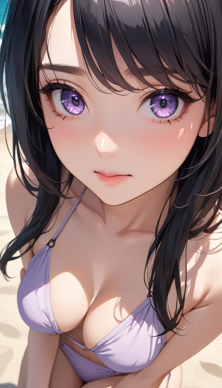 masterpiece, High resolution, perfect face, beauty of japan, 30 years old, beautiful face, beach, light purple bikini, embarrassed look, look at the camera, top quality eyes, detailed texture, look at me, little, Married woman, cool women, high resolution eyes, black hair, tits job
