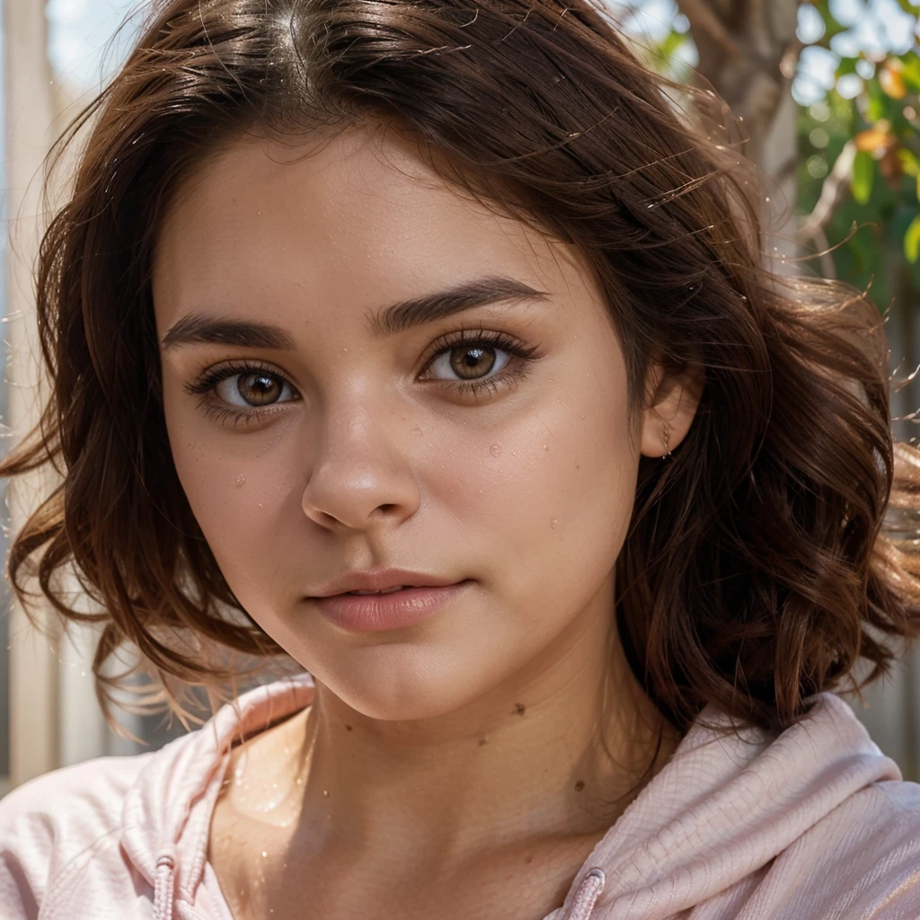 She wears a pink hoodie, leggings, wavy dark brown hair, young woman, ohne Make-up, Natural makeup, looking straight into camera, subtle make-up, Stunning full body shot, piercing brown eyes, Nice angle, attractive pose, Cute girl, Latin, vanessa hudgens, Chin cleft, face shoot, high detailed, Satisfied pose, small , slim body (beautiful detailed face, beautiful detailed eyeraungebrannt, glow, sweating, (sunbeam, sun light)