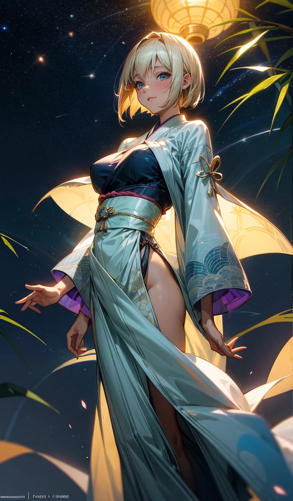 Please follow the all prompts below exactly and faithfully, This is a breathtaking masterpiece of digital illustration, with maximum resolution, UHD, 512K, 2160p, 10 million ppi, 300 million dpi, natural color tones, ultra sharp details, perfect outlines with contrast, ((smooth, soft and clearly and most realistic skin and hair texture)), most beautiful detailed eye features, perfect anatomically correct human body, beautiful background with depth, rule of thirds, depth of field, Maximize all element is used to its full potential to create the best digital illustrations, 1woman, sexy, 25years old, full body, beautiful face sharp, elegant woman, Ultimate perfect body style, beautiful beautiful big breasts, Maximize upturned breasts, green eyes, shiny blonde hair, short hair, bob cut, (eyes visible through hair:1.3), glossy very thick lips, pink lipstick, smile:1.5, 
BREAK A refreshing yukata with a light blue base adorned with intricate white floral patterns. The fabric is lightweight and breathable, perfect for a summer evening. The obi is a contrasting deep blue with delicate silver accents, adding a touch of elegance. The sleeves are wide and flowy, enhancing the airy feel.
BREAK A vibrant night scene of Tanabata festival with colorful bamboo decorations swaying gently in the breeze. The night sky is adorned with a river of stars, twinkling brightly. The Milky Way stretches across the sky, creating a magical atmosphere. Lanterns and paper wishes hang from the bamboo, glowing softly in the moonlight.
