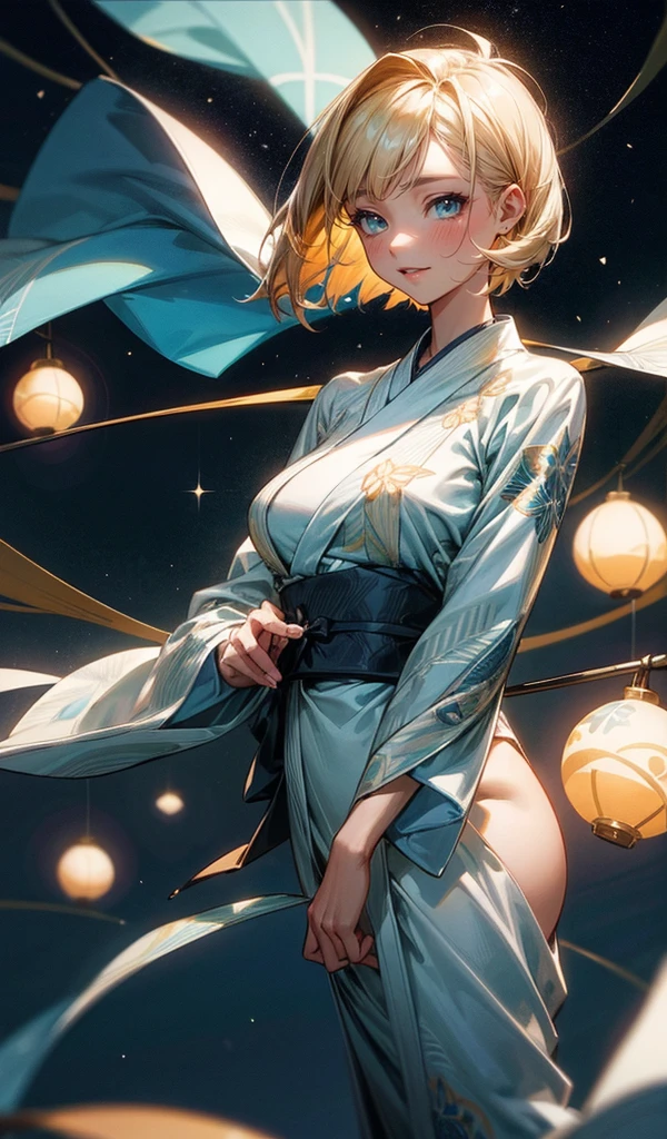 Please follow the all prompts below exactly and faithfully, This is a breathtaking masterpiece of digital illustration, with maximum resolution, UHD, 512K, 2160p, 10 million ppi, 300 million dpi, natural color tones, ultra sharp details, perfect outlines with contrast, ((smooth, soft and clearly and most realistic skin and hair texture)), most beautiful detailed eye features, perfect anatomically correct human body, beautiful background with depth, rule of thirds, depth of field, Maximize all element is used to its full potential to create the best digital illustrations, 1woman, sexy, 25years old, full body, beautiful face sharp, elegant woman, Ultimate perfect body style, beautiful beautiful big breasts, Maximize upturned breasts, green eyes, shiny blonde hair, short hair, bob cut, (eyes visible through hair:1.3), glossy very thick lips, pink lipstick, smile:1.5,
BREAK A refreshing yukata with a light blue base adorned with intricate white floral patterns. The fabric is lightweight and breathable, perfect for a summer evening. The obi is a contrasting deep blue with delicate silver accents, adding a touch of elegance. The sleeves are wide and flowy, enhancing the airy feel.
BREAK A vibrant night scene of Tanabata festival with colorful bamboo decorations swaying gently in the breeze. The night sky is adorned with a river of stars, twinkling brightly. The Milky Way stretches across the sky, creating a magical atmosphere. Lanterns and paper wishes hang from the bamboo, glowing softly in the moonlight.