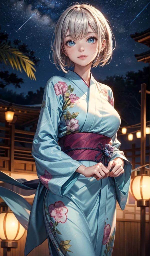Please follow the all prompts below exactly and faithfully, This is a breathtaking masterpiece of digital illustration, with maximum resolution, UHD, 512K, 2160p, 10 million ppi, 300 million dpi, natural color tones, ultra sharp details, perfect outlines with contrast, ((smooth, soft and clearly and most realistic skin and hair texture)), most beautiful detailed eye features, perfect anatomically correct human body, beautiful background with depth, rule of thirds, depth of field, Maximize all element is used to its full potential to create the best digital illustrations, 1woman, sexy, 25years old, full body, beautiful face sharp, elegant woman, Ultimate perfect body style, beautiful beautiful big breasts, Maximize upturned breasts, green eyes, shiny blonde hair, short hair, bob cut, (eyes visible through hair:1.3), glossy very thick lips, pink lipstick, smile:1.5,
BREAK A refreshing yukata with a light blue base adorned with intricate white floral patterns. The fabric is lightweight and breathable, perfect for a summer evening. The obi is a contrasting deep blue with delicate silver accents, adding a touch of elegance. The sleeves are wide and flowy, enhancing the airy feel.
BREAK A vibrant night scene of Tanabata festival with colorful bamboo decorations swaying gently in the breeze. The night sky is adorned with a river of stars, twinkling brightly. The Milky Way stretches across the sky, creating a magical atmosphere. Lanterns and paper wishes hang from the bamboo, glowing softly in the moonlight.