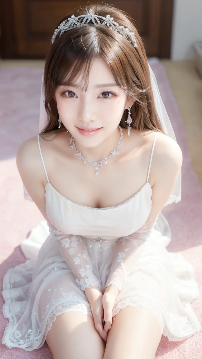 (Highest quality、Tabletop、8K、Best image quality、Award-winning works)、One beautiful bride、(alone:1.1)、(The most extravagant and gorgeous huge pure white wedding dress:1.1)、(Perfect Wedding Lace:1.2)、(The most gorgeous and luxurious giant tiara:1.1)、(The most extravagant and luxurious giant necklace:1.1)、あなたの最高の笑顔で私をplease look、The finest jewellery decoration、Perfect Makeup、Long eyelashes、Ultra HD Shining Eyes、Ultra HD Hair、Ultra-high resolution glossy lips、Ultra High Resolution Perfect Teeth、Super high resolution beautiful face、(Accurate anatomy:1.1)、Very bright and beautiful skin、very bright and vivid、Perfect beautiful bridal hairstyles、(Front facing body:1.1)、(Solid pink background:1.2)、Cleavage、nude、(The 肖像画 was taken from above the lying body: 1.3)、(( M-shaped legs spread, please look )))), (Show me your legs spread wide: 1.5), Real nipples, real open, (女性のマンコ汁がカメラにsquirtしている:1.2), Beautiful 20 year old Japanese girl, Stimulating the clitoris, masturbating and fingering, orgasm, Detailed facial features,(Front view), (squirt from pussy:1.2), (squirt:1.2), Remove the shoulder straps to expose your chest, (Showing realistic beautiful nipples:1.5)
