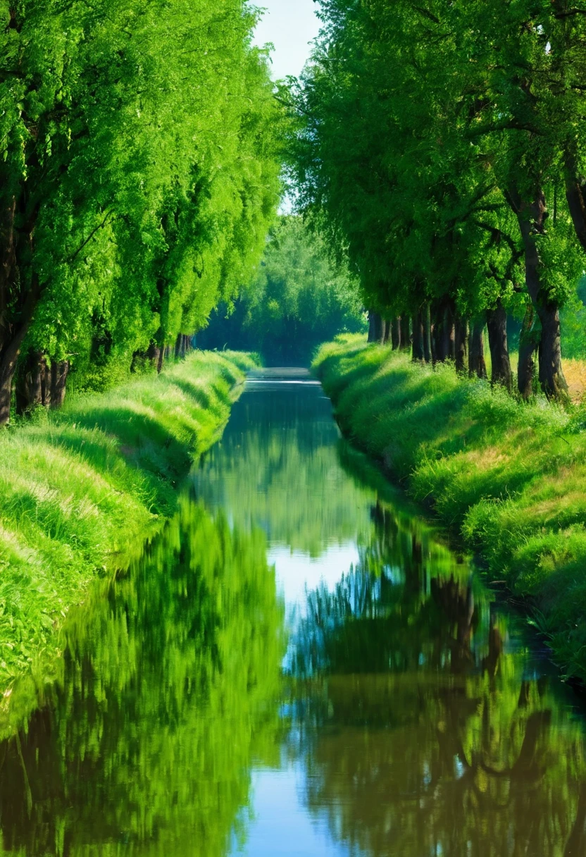 Photography,rural,Summer trees,The green leaves are luxuriant,Country road,There is a river beside the road,A small river,The shadows of the trees are quietly reflected on the water,Road,a river,A row of trees,Tree shadows reflected in the water