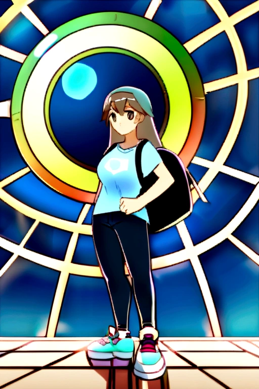 Create a protagonist pokemon trainer with big breasts Lucía is a young girl of about 16 years old, of medium height and athletic build. He has long light brown hair, that reaches to the middle of his back, and usually wears it loose with a blue headband decorated with a small Poké Ball. His eyes are bright green, reflecting your curiosity and determination. He wears a light blue t-shirt with the Pokémon League logo, comfortable jeans and sturdy sneakers. He carries a blue backpack with white details where he keeps his Poké Balls and other essential items for his trips.. That she is alone 