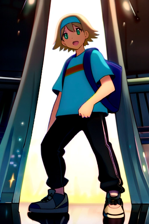 Create a protagonist pokemon trainer with big breasts Lucía is a young girl of about , of medium height and athletic build. He has long light brown hair, that reaches to the middle of his back, and usually wears it loose with a blue headband decorated with a small Poké Ball. His eyes are bright green, reflecting your curiosity and determination. He wears a light blue t-shirt with the Pokémon League logo, comfortable jeans and sturdy sneakers. He carries a blue backpack with white details where he keeps his Poké Balls and other essential items for his trips.. That she is alone
