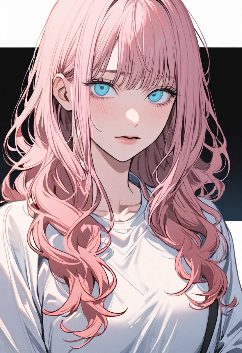 1 woman in chainsaw man style, long wavy hair, light pink hair, hair with blue tips, light blue eyes,(makima's eyes),white blouse with a black tie,(big boobies), wicked grin (pointed teeth showing), showing the tongue,(bloodstains),(torn outfit), hand on face,angle seen from above, White background