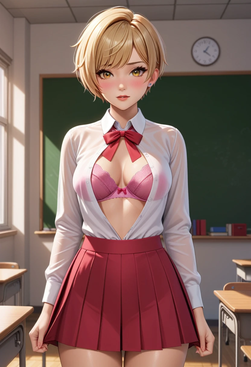 1girl, embarrassed, yellow eyes, long bangs, fluffy short pixie hair, pixie haircut, light-blonde hair, standing, medium breasts, open white shirt, pink lingerie bra, neck ribbon, red skirt, classroom, masterpiece quality, intricate detail, 4k resolution, ultra hd