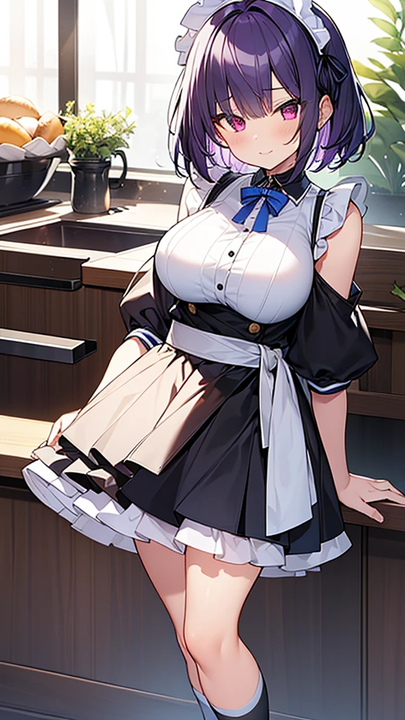最high quality, high quality, Super detailed, 32k, Ultra-detailed details, Sister and maid, (Standing, pretty girl, beautiful purple hair, short hair, Beautiful RED eyes, mature, Big Breasts, A light smile, Off-the-shoulder sleeveless Summer メイド服, Summer casual maid clothes, Short skirt, Blue and white color striped underwear, Black knee socks, loafers, She's holding up her skirt with both hands to show her underwear, 18-year-old,cute), A maid who moves her body vigorously without caring if her breasts bounce, Super detailed, indoor, Full body image, ((Head to Toe:1.3)), NSFW