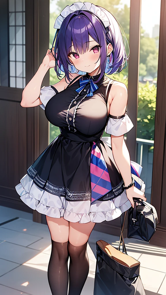 最high quality, high quality, Super detailed, 32k, Ultra-detailed details, Sister and maid, (Standing, pretty girl, beautiful purple hair, short hair, Beautiful RED eyes, mature, Big Breasts, A light smile, Off-the-shoulder sleeveless Summer メイド服, Summer casual maid clothes, Short skirt, Blue and white color striped underwear, Black knee socks, loafers, She's holding up her skirt with both hands to show her underwear, 18-year-old,cute), A maid who moves her body vigorously without caring if her breasts bounce, Super detailed, indoor, Full body image, ((Head to Toe:1.3)), NSFW