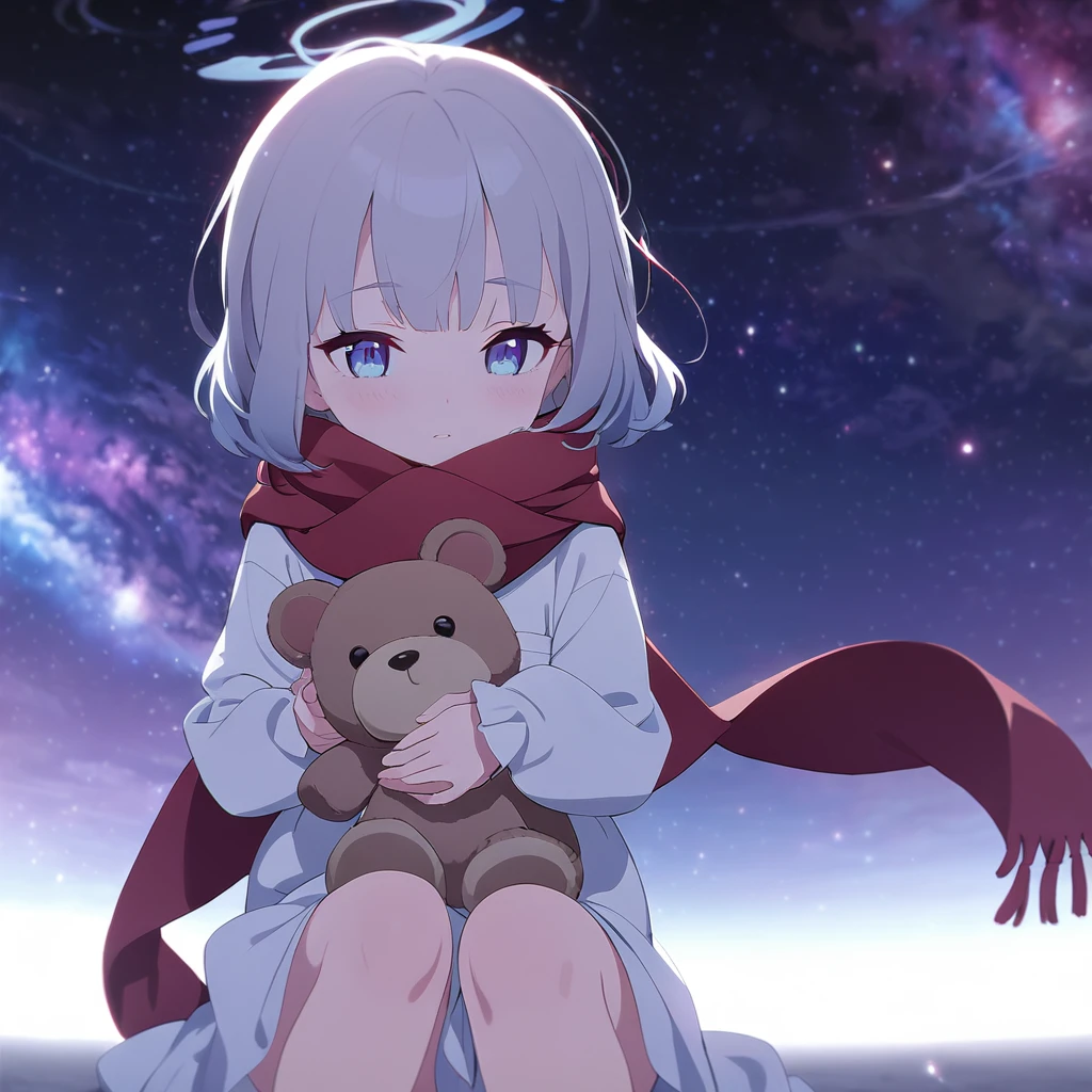 (((masterpiece))), (((best quality))),(((high detail))),light manipulation, girl with long silver hair, gradient purple to sky blue eyes, wearing a white dress, a red scarf, (((loli))), (((child))) , galaxy background, holding a teddy bear, feet, no footwear