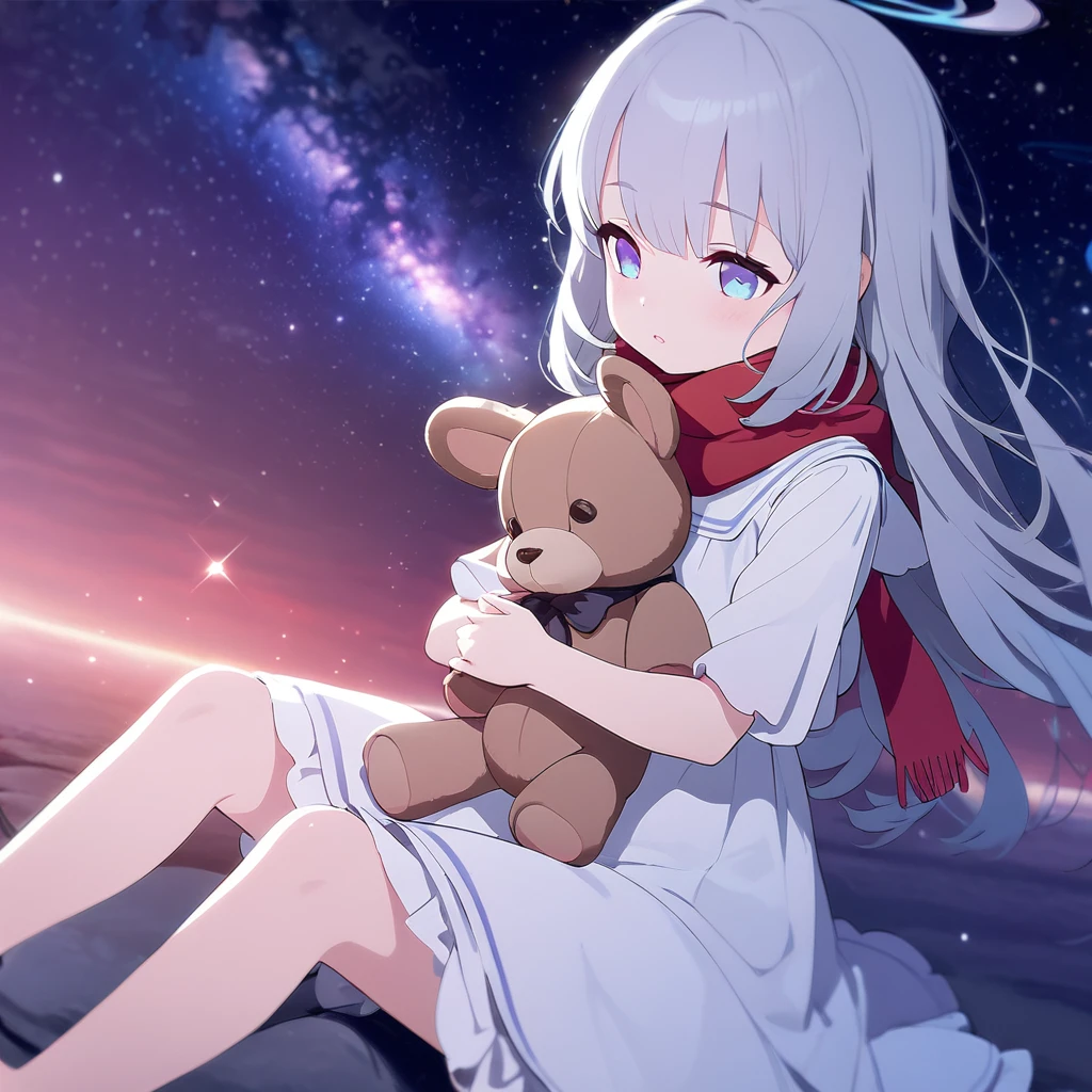 (((masterpiece))), (((best quality))),(((high detail))),light manipulation, girl with long silver hair, gradient purple to sky blue eyes, wearing a white dress, a red scarf, (((loli))), (((child))) , galaxy background, holding a teddy bear, feet, no footwear