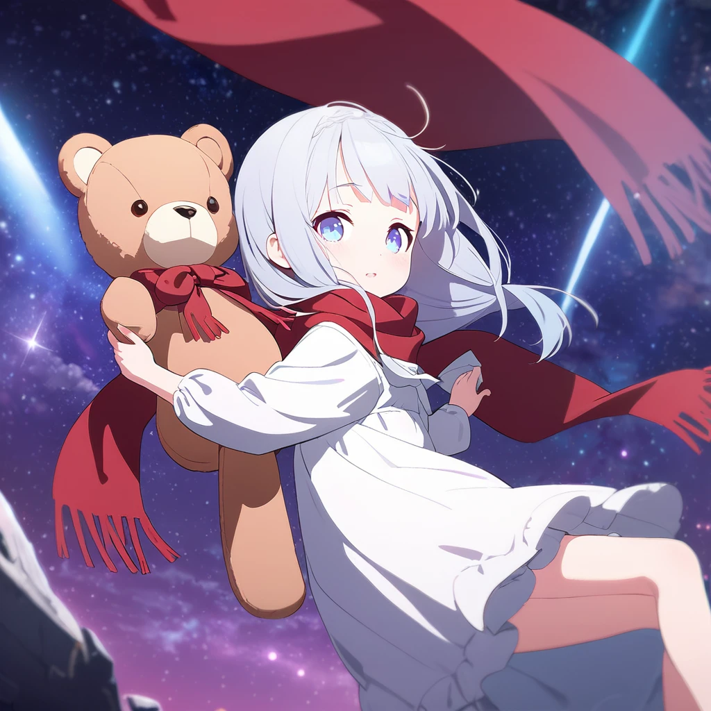 (((masterpiece))), (((best quality))),(((high detail))),light manipulation, girl with long silver hair, gradient purple to sky blue eyes, wearing a white dress, a red scarf, ((())), (((child))) , galaxy background, holding a teddy bear, feet, no footwear