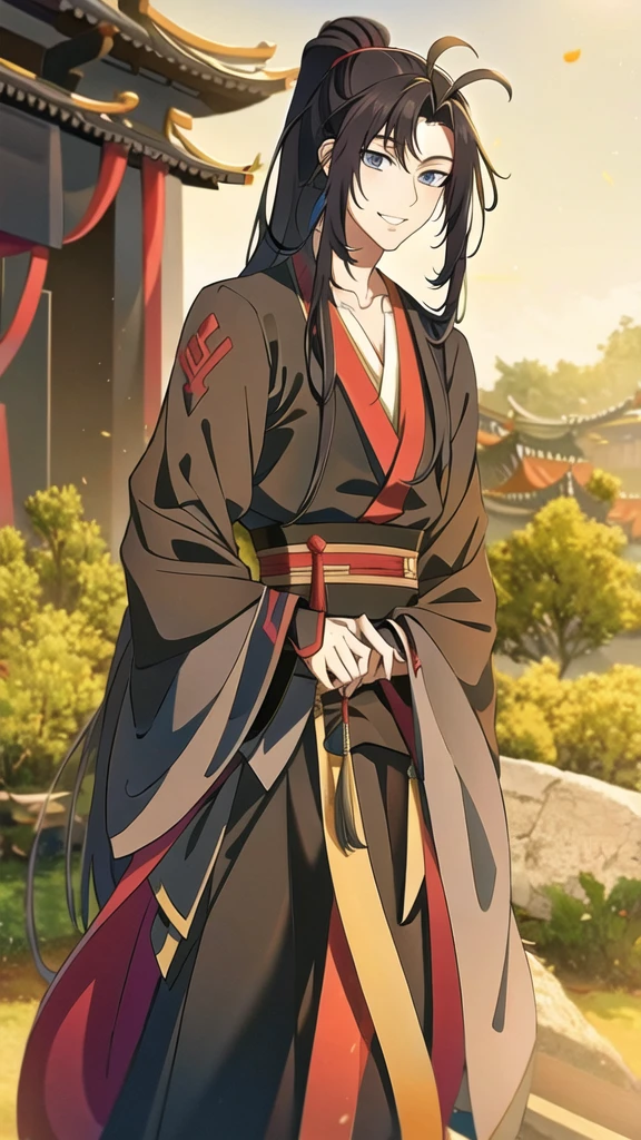 (masterpiece, best quality:1.2), 1male, solo, wei wuxian, mo dao zu shi, mdzs, black and red clothes, grey eyes, long black hair, hair tied up, perfect anatomy