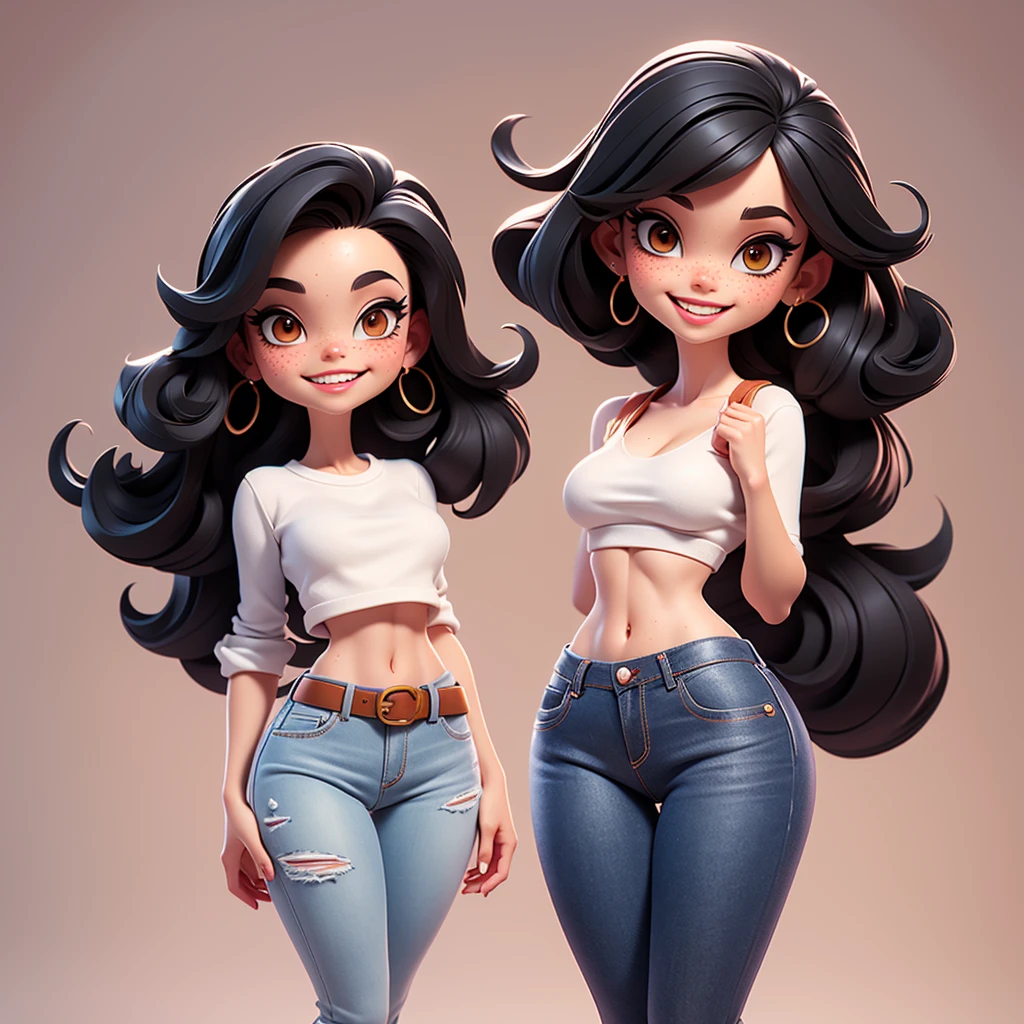 A sexy cartonn woman in beautiful jeans and white crop top posing gracefully for a photo, beauty in jeans, black hair, Waist slender, freckles, charmer smile, naughty sexy girl, mulher de corpo inteiro, wearing jeans, beautiful seductive woman, slender figure, cartoon vector style, corpo pin-up, Broad Hips