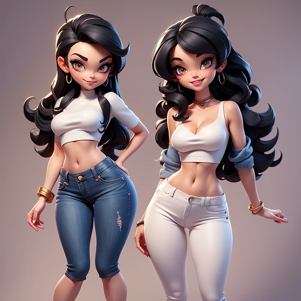  A sexy cartonn woman in beautiful jeans and white crop top posing gracefully for a photo, beauty in jeans, black hair, Waist slender, freckles, charmer smile, naughty sexy girl, mulher de corpo inteiro, wearing jeans, beautiful seductive woman, slender figure, cartoon vector style, corpo pin-up, Broad Hips