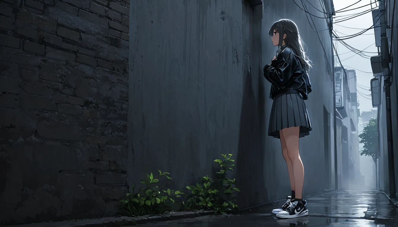 Ultra high definition. The sky is dark and full of dark clouds. It's foggy. An 18-year-old girl stands under an old cement electric pole in a dark wide alley. The light from the electric pole shines on the girl's head. The girl is standing with her back against the wall, with one foot forward and on her tiptoes. The girl is leaning against the wall looking down and there are trees in front of her. Her girl's hair blows in the wind. The girl is wearing a pleated skirt and bb sneakers. A close-up full body shot of the girl's profile. Her one foot is put forward. The girl's location is on the left third of the entire photo.
