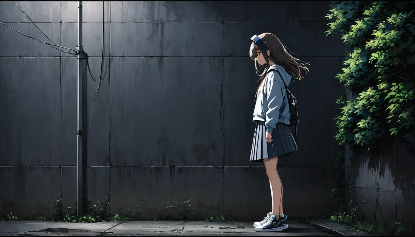 Ultra high definition. The sky is dark and full of dark clouds. It's foggy. An 18-year-old girl stands under an old cement electric pole in a dark wide alley. The light from the electric pole shines on the girl's head. The girl is standing with her back against the wall, with one foot forward and on her tiptoes. The girl is leaning against the wall looking down and there are trees in front of her. Her girl's hair blows in the wind. The girl is wearing a pleated skirt and bb sneakers. A close-up full body shot of the girl's profile. Her one foot is put forward. The girl's location is on the left third of the entire photo.