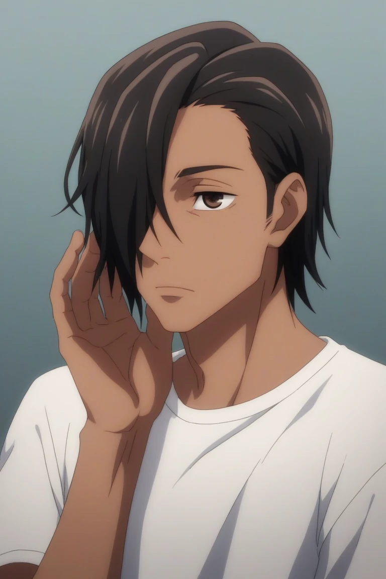 1boy, solo, blunt in hand, hawaiin shirt, (brown skin color), messy look, black hair, ((dreadlock hairstyle)), brown eyes, masterpiece, best quality, high quality, upper body, male focus, eye bags