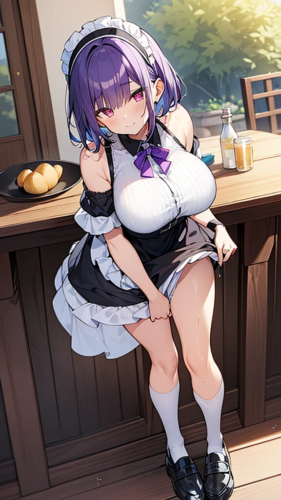 最high quality, high quality, Super detailed, 32k, Ultra-detailed details, Sister and maid, (only, Standing, pretty girl, beautiful purple hair, short hair, Beautiful RED eyes, mature, Big Breasts, A light smile, Off-the-shoulder sleeveless Summer メイド服, Summer casual maid clothes, Short skirt, Blue and white color striped underwear, Black knee socks, loafers, My crotch is wet with love juice, 18-year-old,cute), {{The succubus infiltrates the mansion, peels the skin off her sister&#39;s face, replaces it with her own, and puts on a maid outfit with her sister&#39;s face, lifting her skirt to show her underwear., Mature body and sister&#39;s face}, She has transformed from a shy maid into a lewd one., A maid with her sister&#39;s face stuck on her face is vigorously pistoning her body, A maid who moves her body vigorously without caring if her breasts bounce, Super detailed, indoor, Full body image, ((Head to Toe:1.3)), NSFW