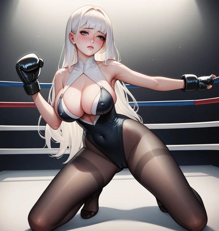 korean beautifull girl，18 years old,Pretty Face，Good shape，detailed picture, Shy expression， blush，White long hair, Wear very sexy clothes，Wear black pantyhose, Wearing black boxing gloves, Kneeling in a sexy pose on the boxing ring，Large Breasts,Cleavage,Long legs，Thin waist，nipple，Camel toe