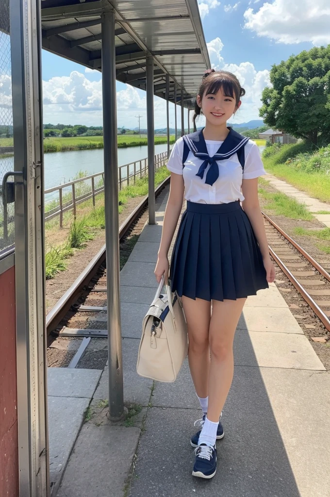 girls in rural railway station,train on far side,cumulonimbus cloud in summer sky,short-sleeved white shirt with sailor collar,navy blue pleated skirt,school bag,18-year-old,bangs,a little smile,thighs,knees,short hair with low pigtails bunches,from beside,front light