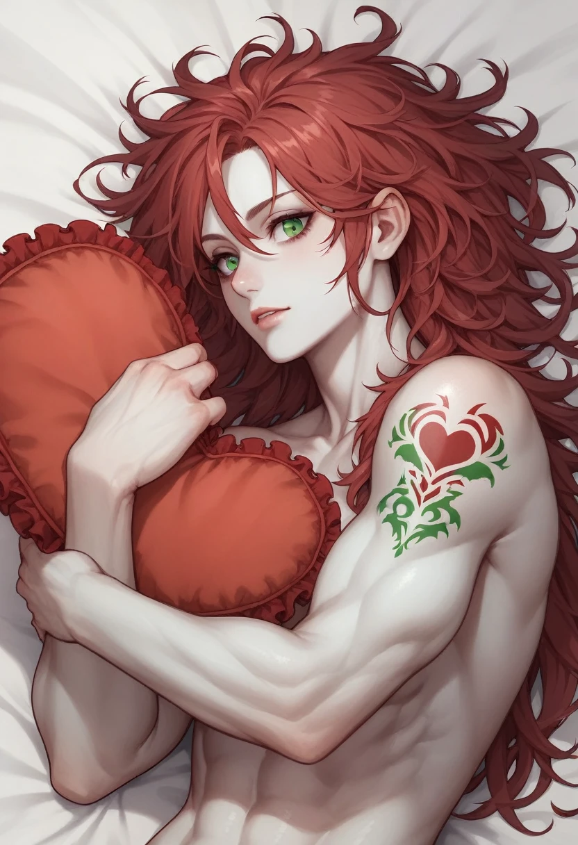 red hair woman,short and straight,messy locks giving a youthful appearance,slanted emerald green eyes,White skin,good body with little muscle,dragon tattoo on the right shoulder and part of his back,half naked,wears white baby doll with red lace, lying face down,holding a red heart pillow,