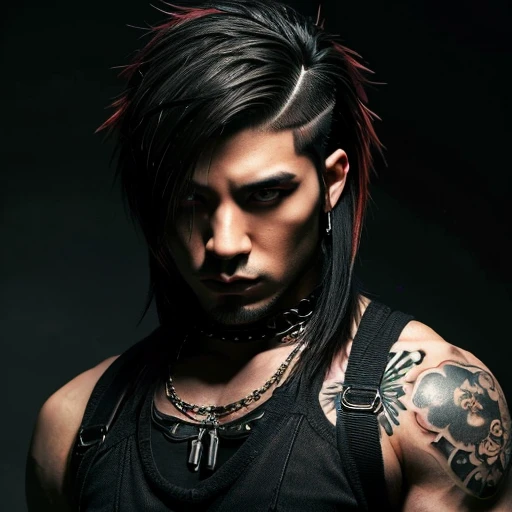 1 man, Japanese man, male, Asian eyes, muscular, broad shoulders, yakuza tattoos, hairstyle Visual Kei style, hair Visual Kei, black men's shirt and black pants, ultra detailed face, hyperrealistic, realistic representation, long hair, long hair, 30 years old, age 30 years, blonde hair