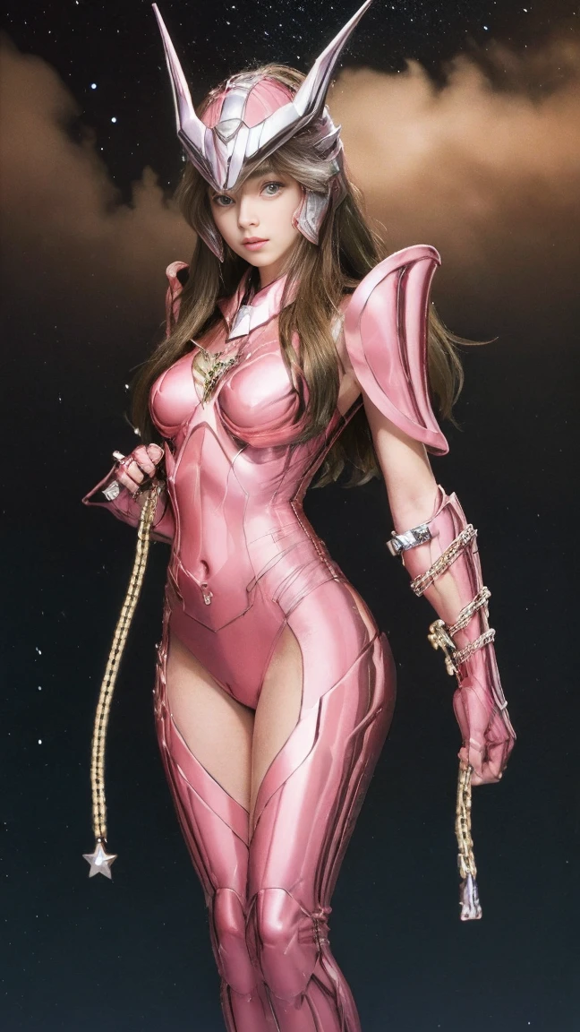 masterpiece, best quality, 超high resolution, Lifelike skin texture, armature, lifelike, high resolution, original photo, shiny skin, Lifelike skin texture, best lighting, spark, dramatic lighting, dynamic poses, starry sky background, night sky, universe, Milky Way, 1 girl, Balanced eyes, Andromeda Shun, pink armor, chest, split, Red hair, Pink helmet, blue eyes, looking at the audience, Big breasts, faint smile, chain，revealing her belly