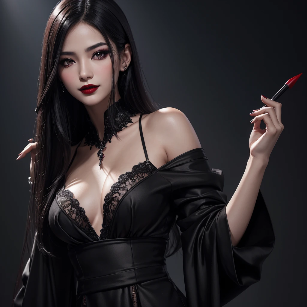 The highest image quality, pending details, ultra-high resolution, (真实感: 1.4), the best illustration, favor details, Highly condensed 1girl, with a delicate and beautiful face, Asian characteristics, long straight hair, Bblack hair, Fair Skin, eyes browns, lips, blush, breasts big, necklase, black gown, make up, black eyeshadow, red lipgloss stick, Um Vampiro, Grinning (best qualityer, ultra details, photorrealistic: 1.39), dark colours, studio lighting, romantic expression, seducer, dark scenery