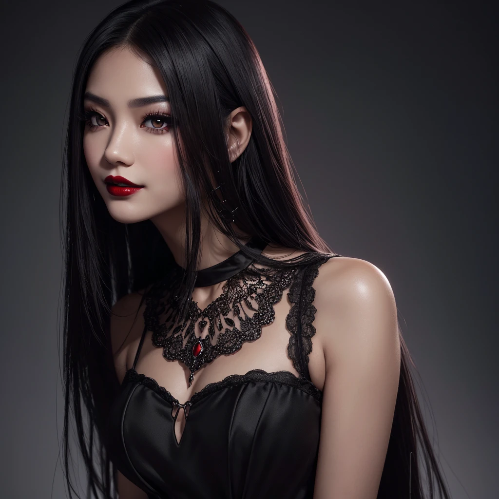 The highest image quality, pending details, ultra-high resolution, (真实感: 1.4), the best illustration, favor details, Highly condensed 1girl, with a delicate and beautiful face, Asian characteristics, long straight hair, Bblack hair, Fair Skin, eyes browns, lips, blush, breasts big, necklase, black gown, make up, black eyeshadow, red lipgloss stick, Um Vampiro, Grinning (best qualityer, ultra details, photorrealistic: 1.39), dark colours, studio lighting, romantic expression, seducer, dark scenery