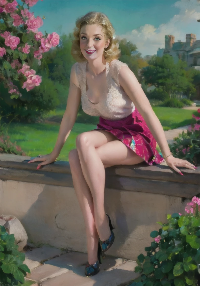 (masterpiece:1.4), (best quality:1.4), retro vintage pin-up style woman (wifey1b) extremely detailed, intricate, hyper-detailed, (detailed hand,fingers, legs),illustration, soft lighting, woman pin-up girl, Blonde hair, (perfect_face), sitting on fence, in the garden, flowers blooming, short floral sun dress wind blowing up skirt, intricate, dramatic lighting, 4k, detailed_background, caustics, full_body, digital_illustration
