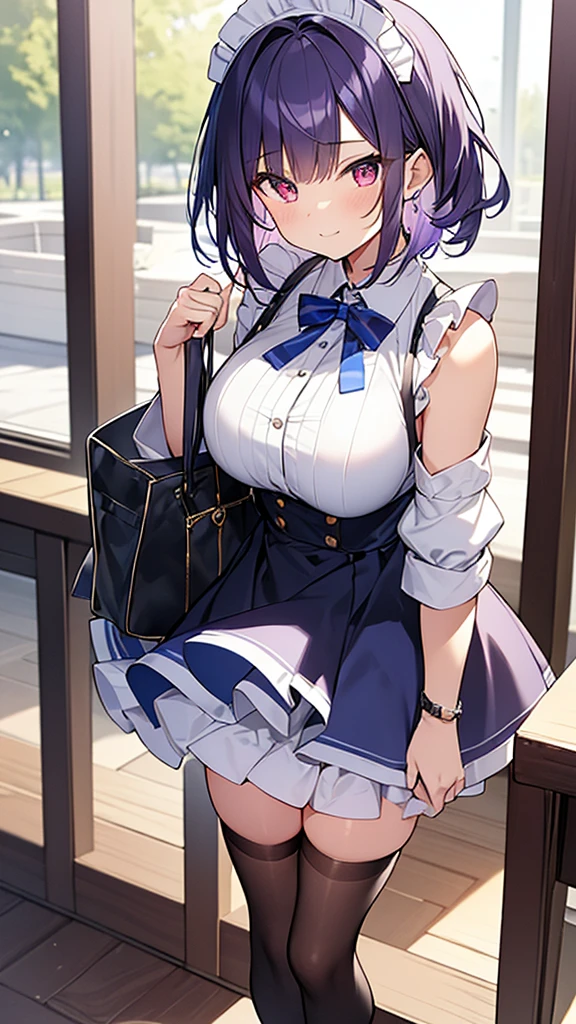 最high quality, high quality, Super detailed, 32k, Ultra-detailed details, Sister and maid, (Standing, pretty girl, beautiful purple hair, short hair, Beautiful RED eyes, mature, Big Breasts, A light smile, Off-the-shoulder sleeveless Summer メイド服, Summer casual maid clothes, Short skirt, Blue and white color striped underwear, Black knee socks, loafers, She&#39;s holding up her skirt with both hands to show her underwear, 18-year-old,cute), A maid who moves her body vigorously without caring if her breasts bounce, Super detailed, indoor, Full body image, ((Head to Toe:1.3)), NSFW