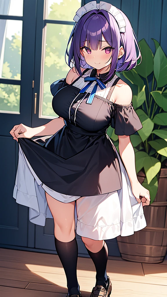 最high quality, high quality, Super detailed, 32k, Ultra-detailed details, Sister and maid, (only, Standing, pretty girl, beautiful purple hair, short hair, Beautiful RED eyes, mature, Big Breasts, A light smile, Off-the-shoulder sleeveless Summer メイド服, Summer casual maid clothes, Short skirt, Blue and white color striped underwear, Black knee socks, loafers, My crotch is wet with love juice, 18-year-old,cute), {{ターゲットの男の妹,The succubus infiltrates the mansion, peels the skin off her sister&#39;s face, replaces it with her own, and puts on a maid outfit with her sister&#39;s face, lifting her skirt to show her underwear., Mature body and sister&#39;s face}, She has transformed from a shy maid into a lewd one., A maid with her sister&#39;s face stuck on her face is vigorously pistoning her body, A maid who moves her body vigorously without caring if her breasts bounce, Super detailed, indoor, Full body image, ((Head to Toe:1.3)), NSFW