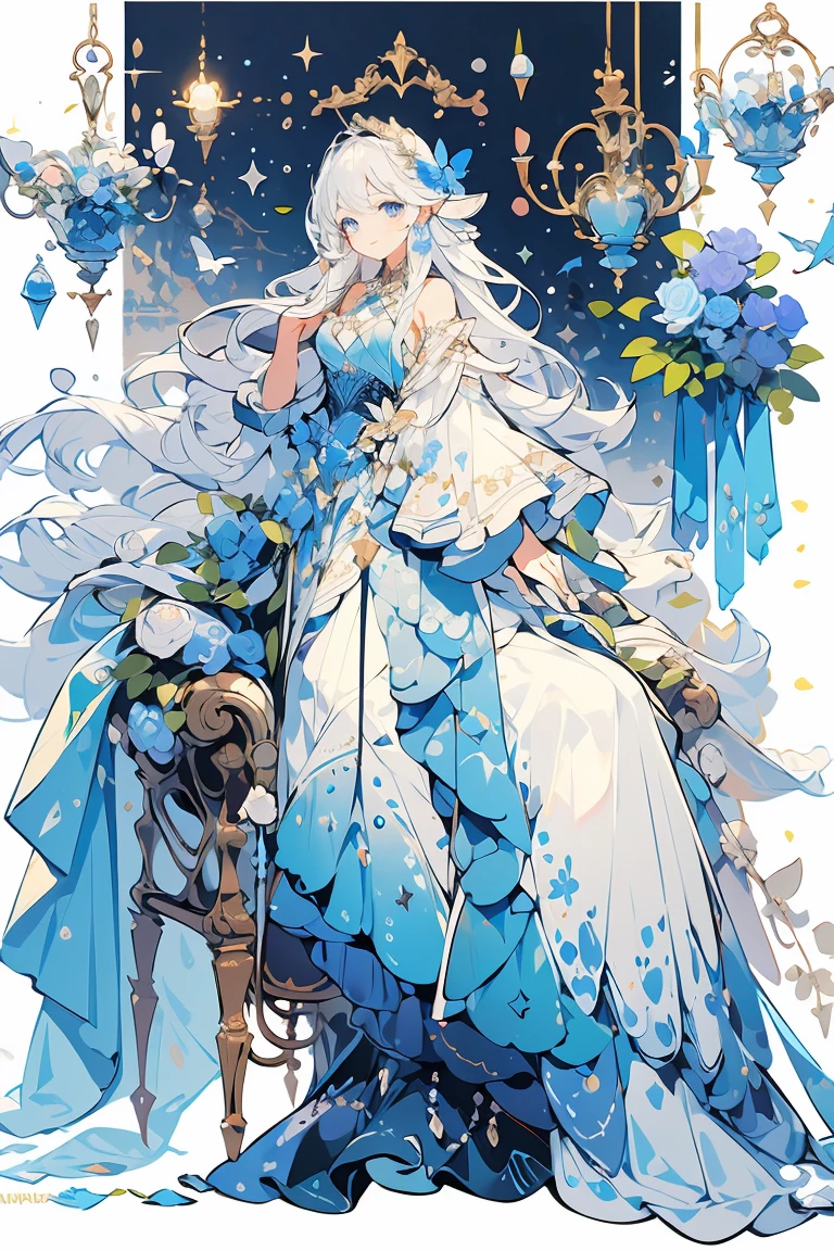 (masterpiece:1.2), best quality,Pixif,Fairy Tale Boy, 1 boy, White hair, blue eyes, Dress, Prince Fashion、Prince Costume、Blue flowers、Rib elements、Magic Wand