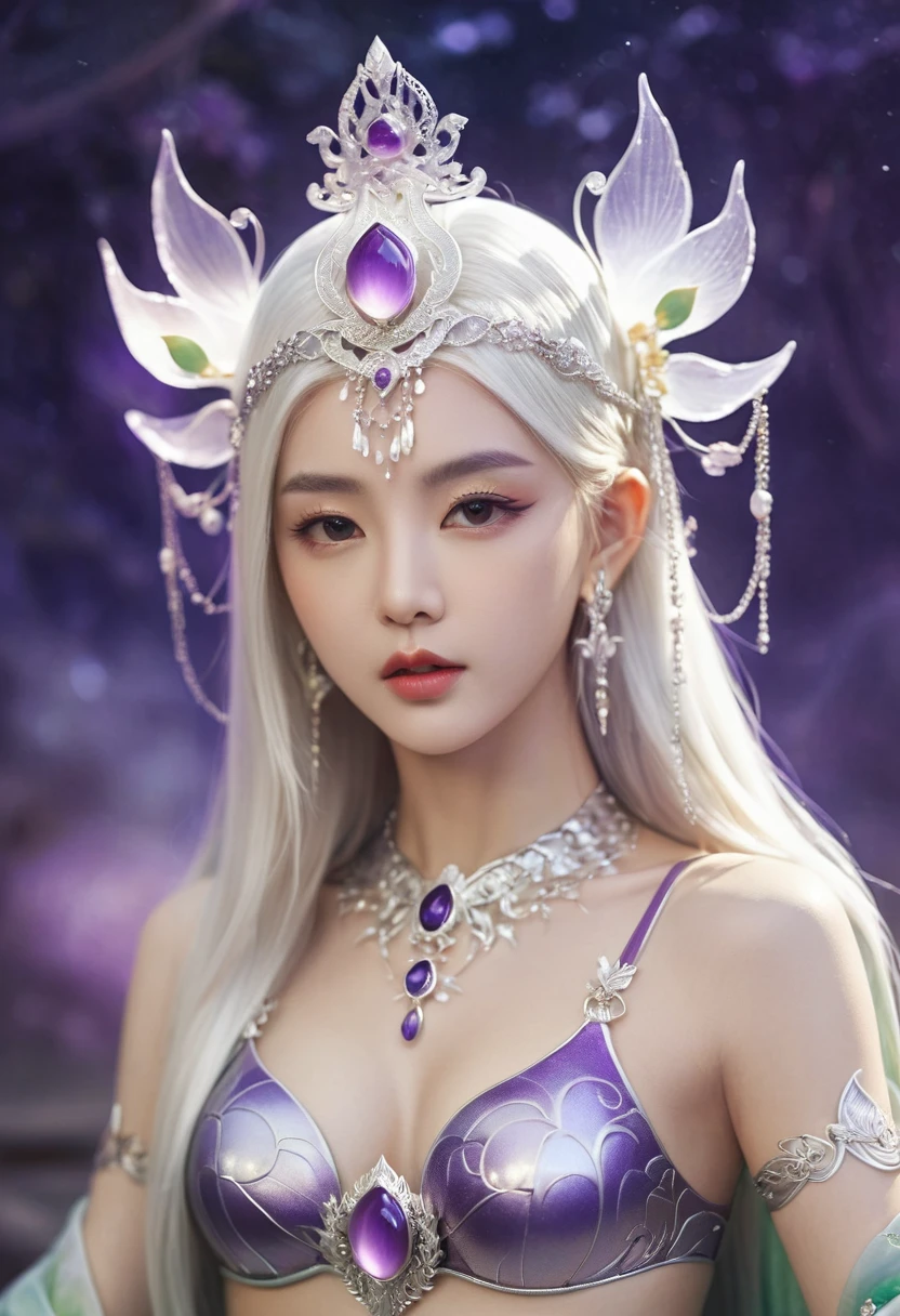 Wearing sexy transparent platinum low-cut lace armor cleavage、Close-up of woman holding lotus, Headdress, Violet necklace, jade belt , Toned abdominal muscles, Beautiful fantasy queen, ((Beautiful fantasy queen)), Beautiful Celestial Mage, Beautiful character painting, Full body fairy, Portrait of the Knights of the Zodiac, author:Yang J, G Liulian art style, Fantasy art style, shorten