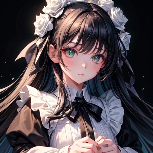 ((masterpiece, Highest quality)),Best aesthetics,One girl, alone, Long Hair, Black Dress, flower, ribbon, Black background, Black Hair, Rose, hair ribbon, Green Eyes, Long sleeve, white Rose, Mouth closed, black ribbon, Upper Body, Cinema Lighting