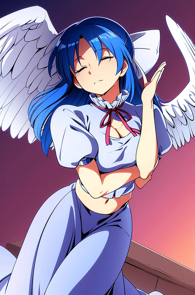 masterpiece, best quality, 1girl, , , 10 years old, medium blue hair, hair flaps, pink ribbon on head, well-formed face, blue eyes, angel girl, white blouse, puffy short sleeves, red ribbon, angel wings, long white skirt, red shoes, frills, ribbon head, from behind, to lift up one’s skirt, cowboy shot, from front, standing , raise one leg, crossed arms, arms up behind, arms behind back, hand between legs, put hands hip, one hand on hip, forward hands, arms raised in the air, punch hands, peace sign, waving, put up index finger, sit, lie down, closed eyes, lie face down, looking back, put one hand chest, leaning forward, cleavage, close up, horizontally outstretched arms, horizontally outstretched legs, front view, front face