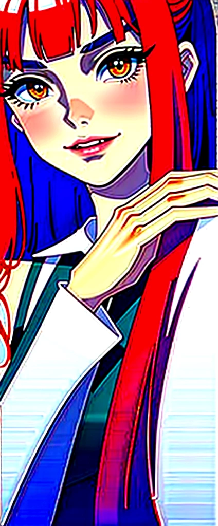 (Masterpiece:1.2, Best Quality), 1 woman, looking towards the viewer, White shirt red tie, medium breasts, Casual, long red hair, minimal makeup, , pale,Natural fabrics, closeup face, ((evil smile)), bright eyes circular pupils,8K high resolution, detailed lines,blurred background,